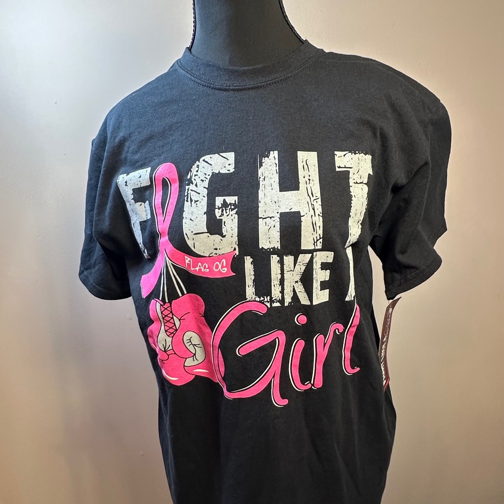 Fight Like a Girl Breast Cancer Awareness Black Graphic T-Shirt‎